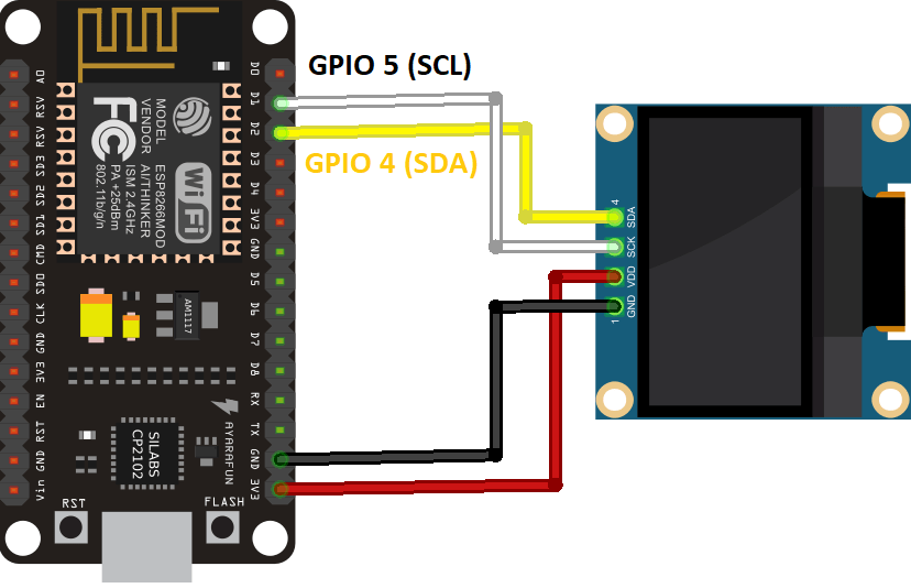 OLED display SSD1306 with ESP8266 NodeMCU MicroPython schematic diagram circuit I2C SCL SDA