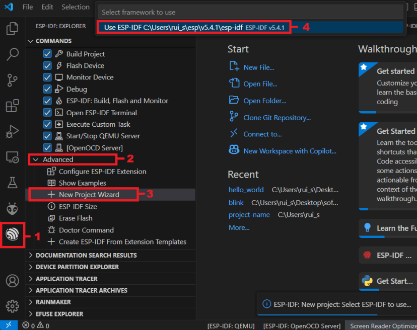 ESP-IDF ESP32 Create Open New Project Wizard Menu