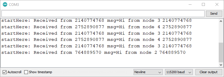 ESP-MESH Basic Example 4 Boards Arduino Serial Monitor