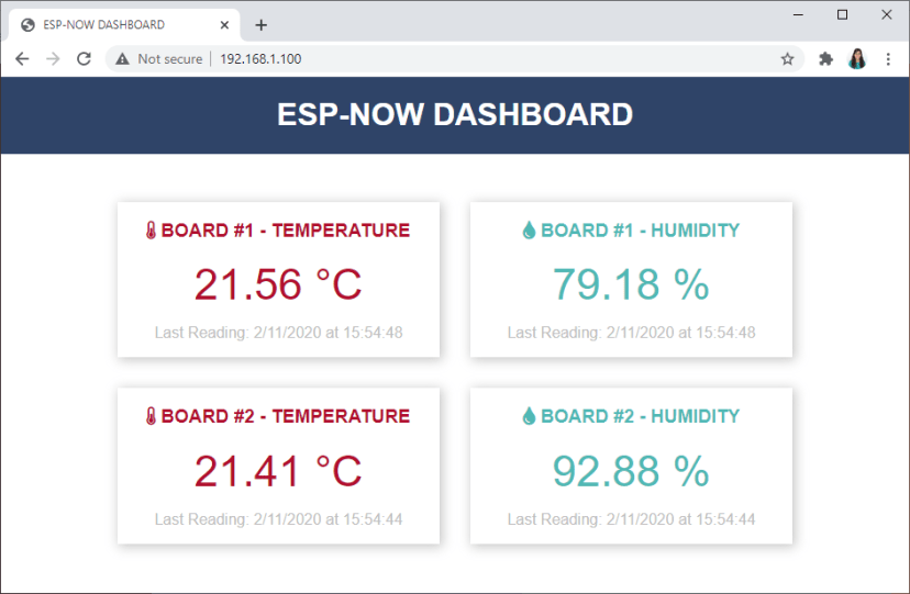 ESP8266 NodeMCU ESP-NOW Web Server Sensor Dashboard ESP-NOW and Wi-Fi Demonstration Sensor Readings