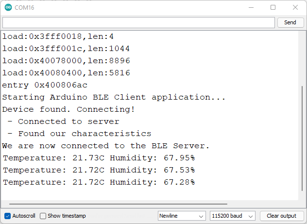 ESP32 BLE Client Connected to ESP32 BLE Server Serial Monitor