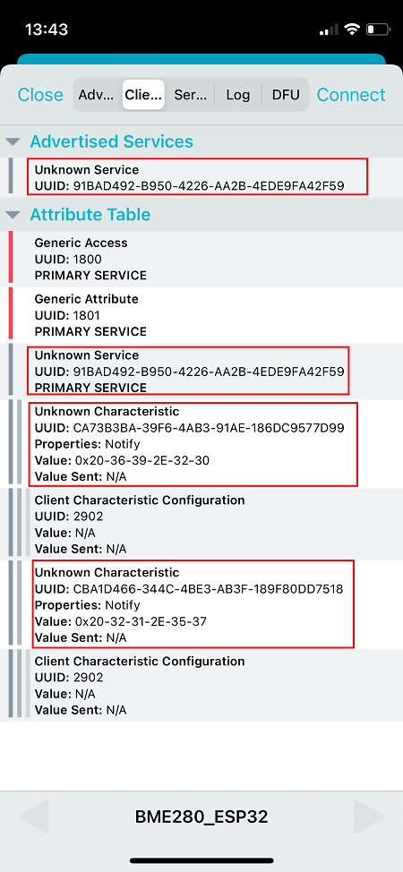 ESP32 BLE Server Characteristics nRF Connect App