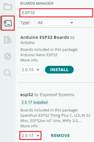 ESP32 Boards Add-on install ESP32 board version 2