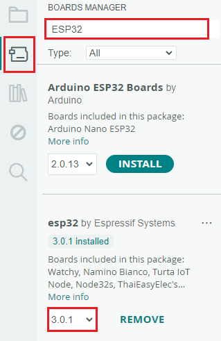 ESP32 Boards Add-on install ESP32 board version 3
