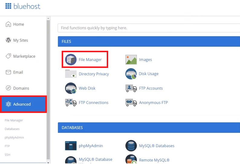 Bluehost open advanced and file manager files to create upload.php file and uploads folder