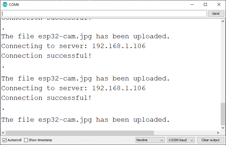 ESP32-CAM file esp32-cam.jpg has been uploaded Arduino IDE Serial Monitor testing project