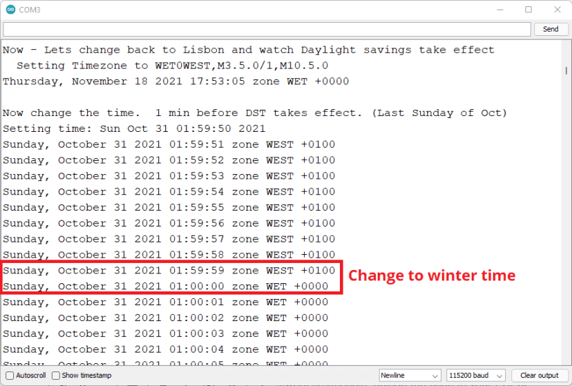 ESP32 NTP Time Adjust to Winter Time Automatically