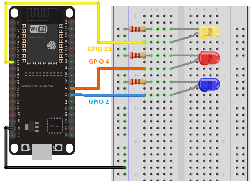 ESP32 Control Three LEDs Outputs Web Server Wiring Circuit Diagram