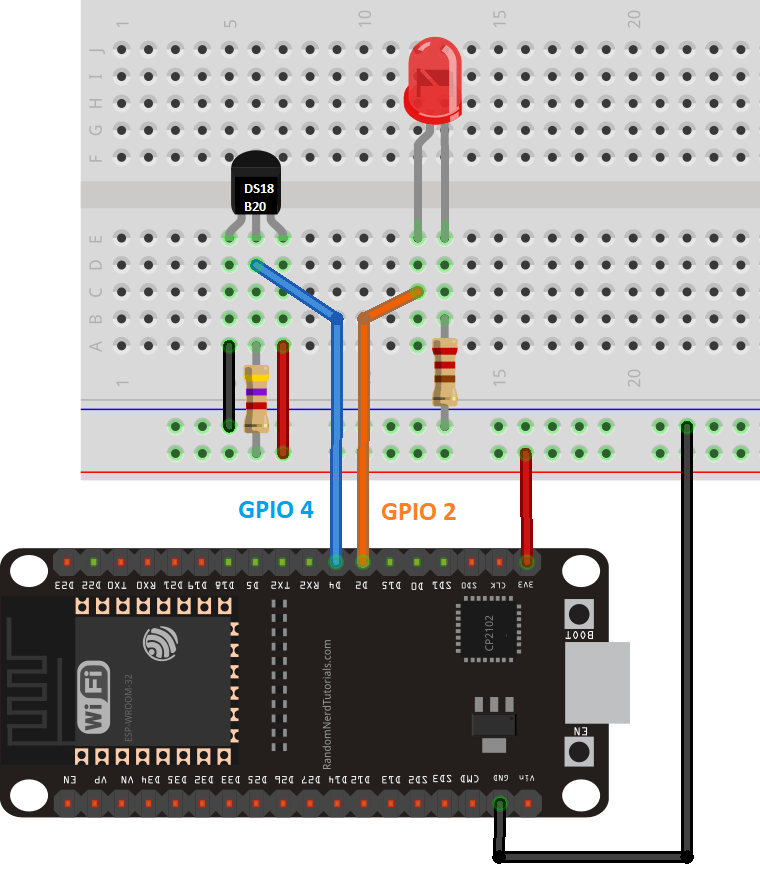 Wiring Schematic diagram with DS18B20 temperature sensor connected to ESP32 board