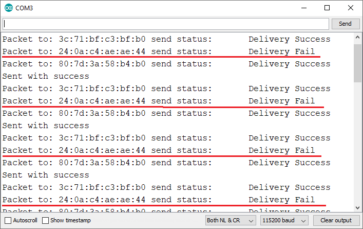 ESP32 ESP-NOW Send Data To Multiple Boards Delivery Status Failed Serial Monitor