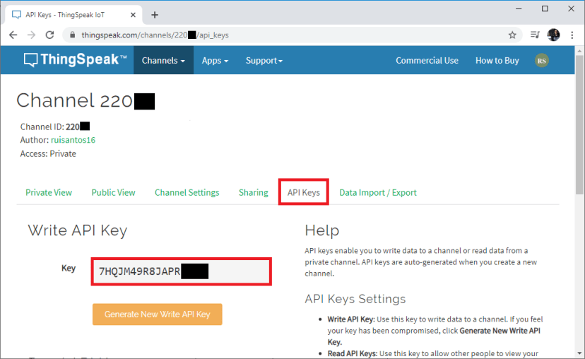 ESP32 ESP8266 NodeMCU ThingSpeak View API Key Write Copy