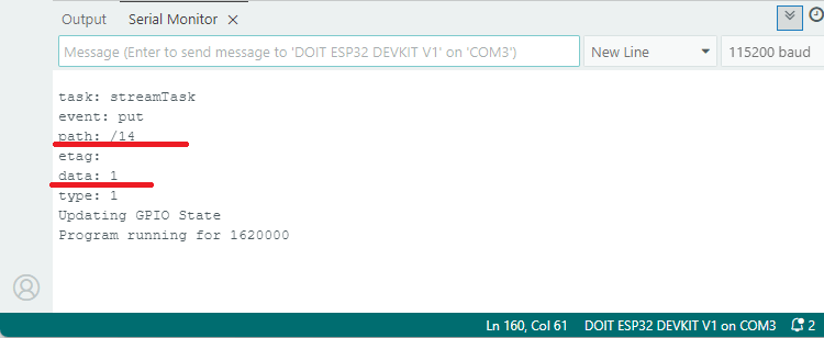 Firebase Streaming Database ESP Detecting Changes Serial Monitor