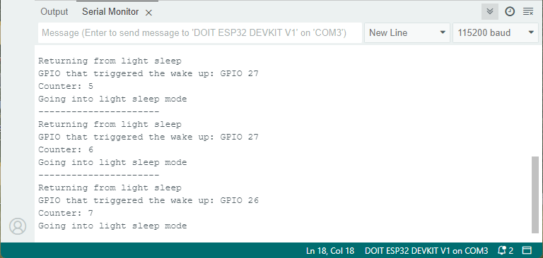 ESP32 Light Sleep External Wake-Up ext1 Demonstration