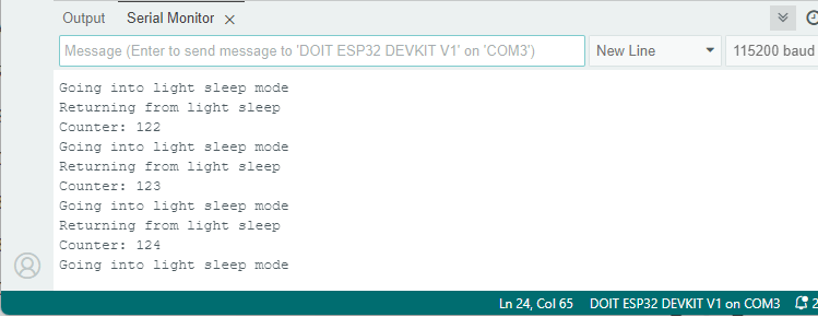 ESP32 Light Sleep Mode with Timer Wake-Up Testing Serial Monitor