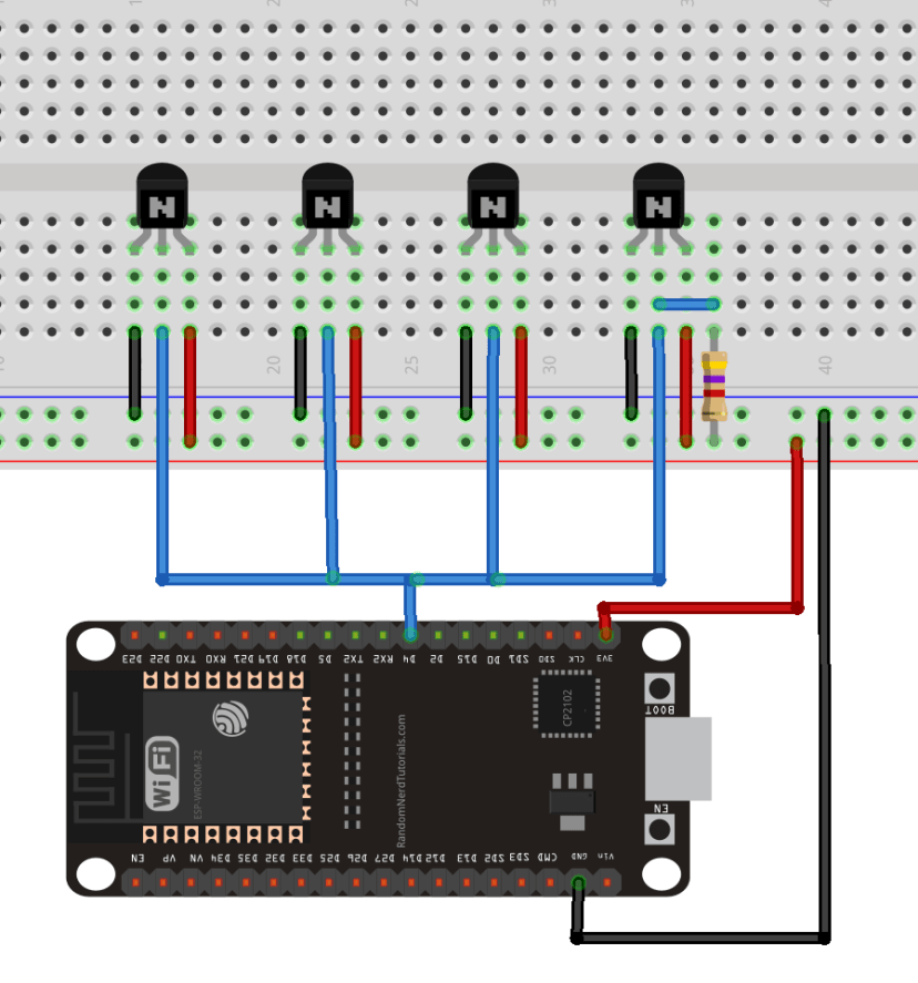 ESP32 Multiple DS18B20 Sensors Diagram Circuit wiring