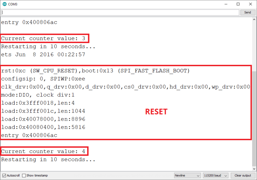 ESP32 Preferences StartCounter Example Serial Monitor