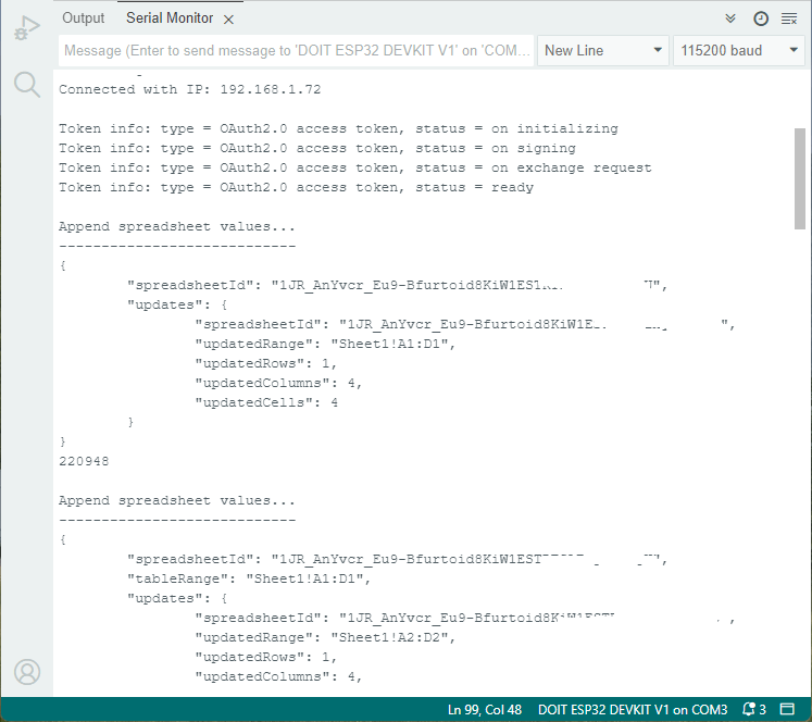 ESP32 Publishing to Google Sheets Serial Monitor