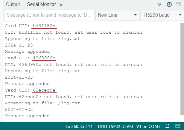 ESP32 RFID User Management System Arduino IDE Serial Monitor Check RFID Tags UID