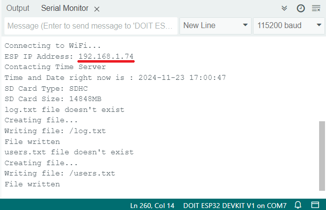 ESP32 RFID User Management System Arduino IDE Serial Monitor Priting IP Address