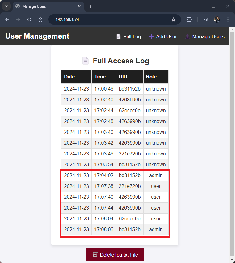 ESP32 RFID User Management System Web Server Check Full Log Table Users with Roles