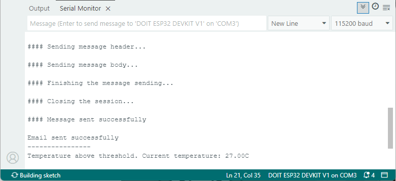 ESP32 Send Email Notifications when temperature above threshold- Serial Monitor