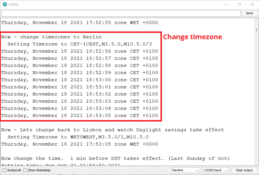 ESP32 NTP Time Change between timezones