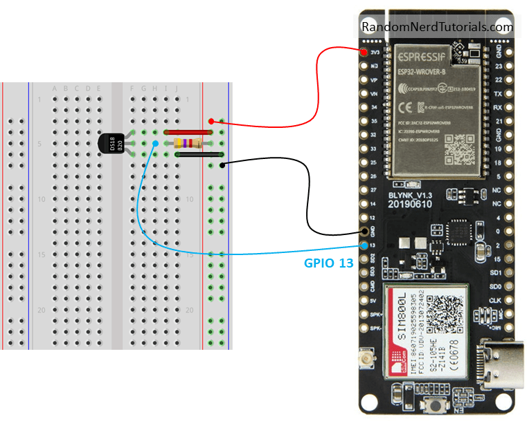 T-Call ESP32 SIM800L Wiring to DS18B20 Schematic Diagram
