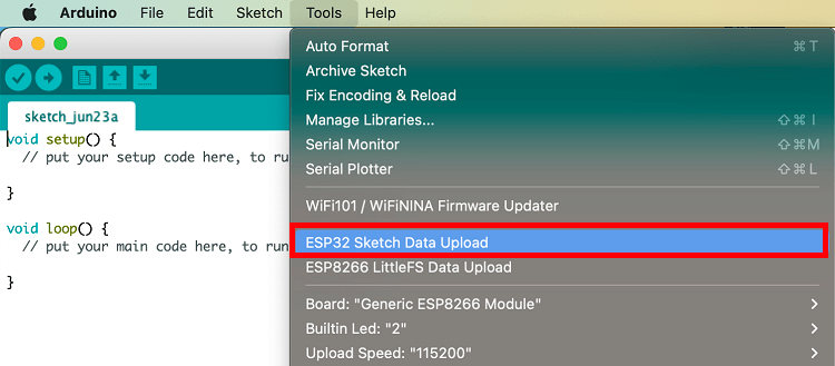 ESP32 Data Sketch Upload MACOS X