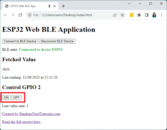 Control ESP32 GPIOs via Web BLE