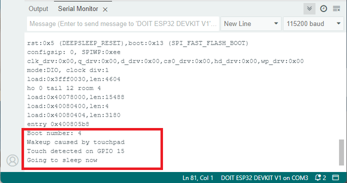 Testing ESP32 touch pins as a wake-up source Serial Monitor Demonstration