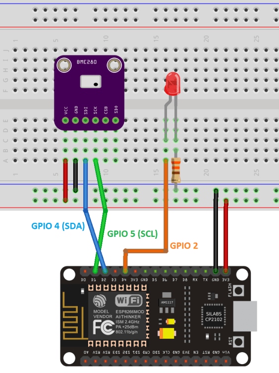 ESP8266 NodeMCU BME280 LED Wiring Schematic Diagram