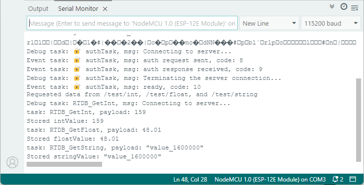 ESP8266 Get Data from Firebase Realtime Database Serial Monitor Result
