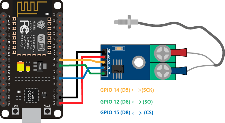 ESP8266 with Type-k thermocouple and Max 6675 Amplifier Wiring Diagram