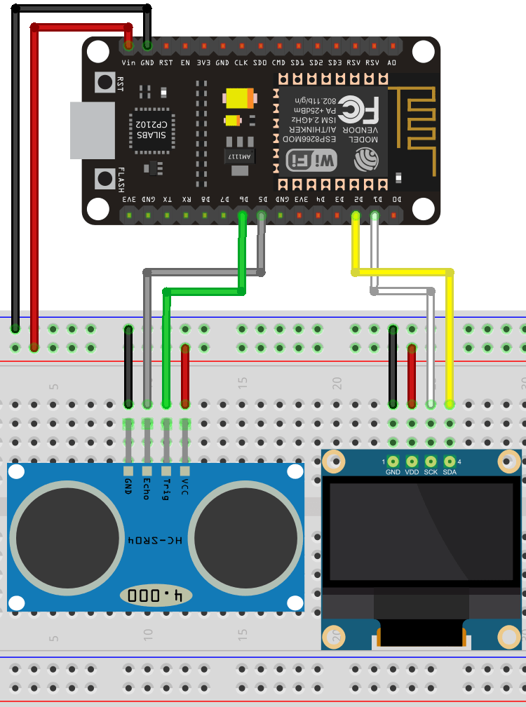ESP8266 NodeMCU Wiring Circuit Ultrasonic Sensor Diagram OLED Display SSD1306