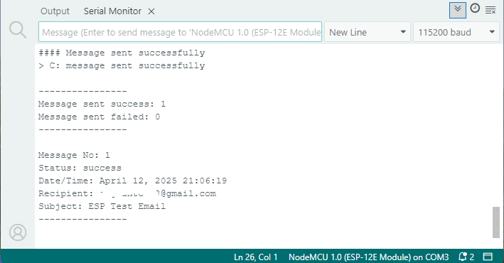 ESP8266 NodeMCU Send Email Message Successfully Serial Monitor