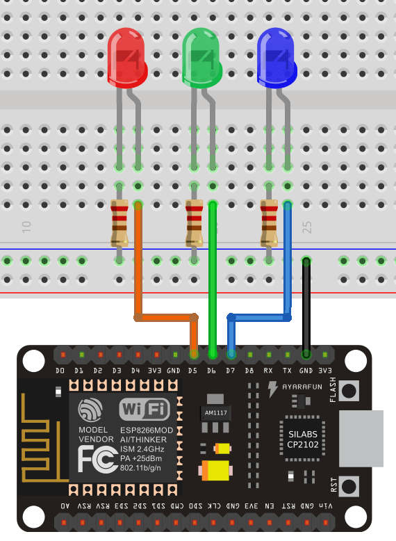 ESP8266 connected to three LEDs Schematic diagram wiring circuit