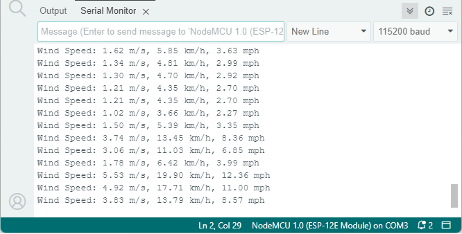 Testing Wind Sensor with ESP32 - Serial Monitor Demonstration