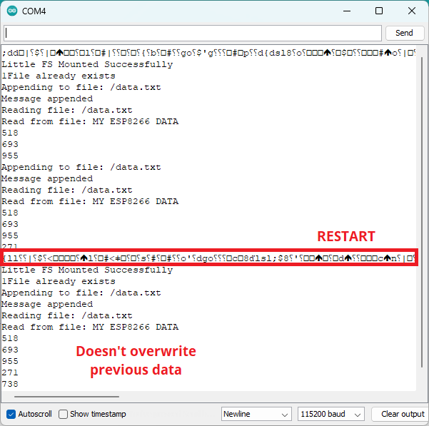 ESP8266 Save Data to File LittleFS Example Serial Monitor - prevent overwrite