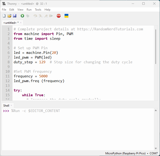Thonny IDE PWM Fade LED MicroPython Raspberry Pi Pico
