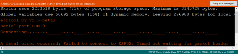 ESP32-CAM Failed to connect to ESP32: Timed out waiting for packet header