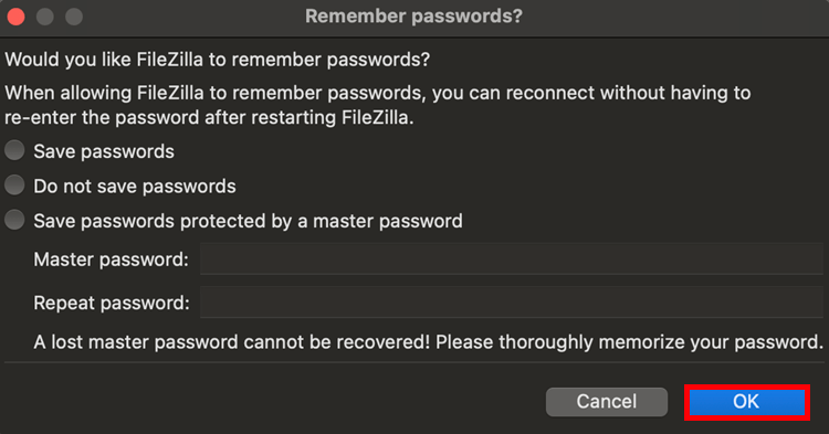 FileZilla Establish FTP connection password ok button