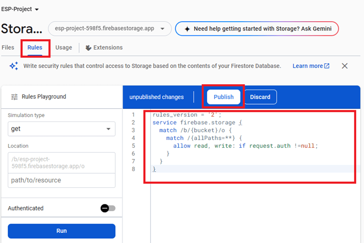 Firebase Storage Bucket - Change Rules