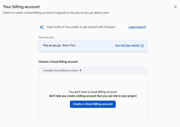 Firebase Storage - Create a billing acount
