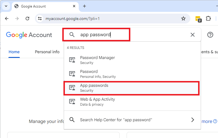 Gmail create app password menu
