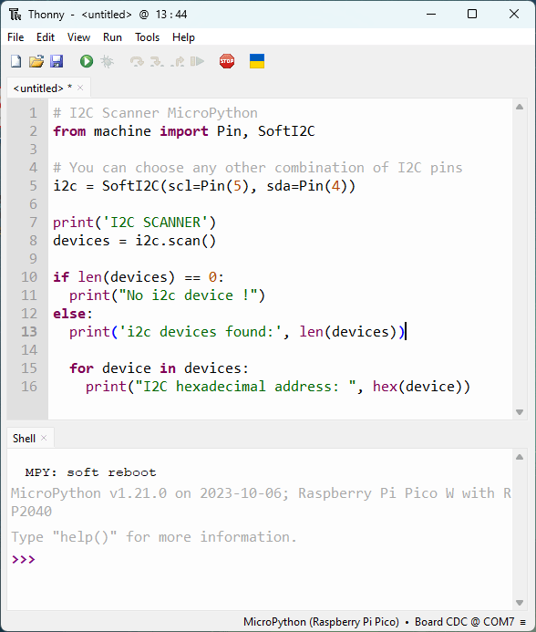 Raspberry Pi Pico I2C Scanner MicroPython script code