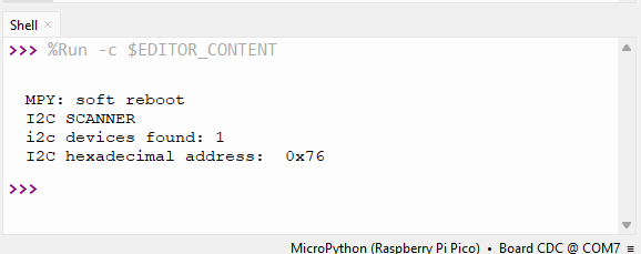 testing example Raspberry Pi Pico I2C Scanner MicroPython script shell output