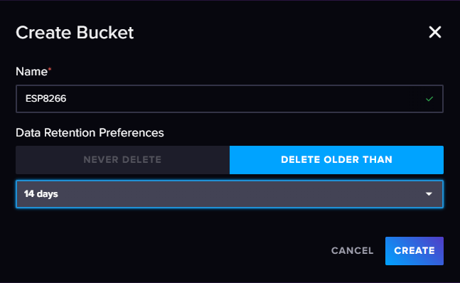 InfluxDB Cloud Creating ESP8266 bucket