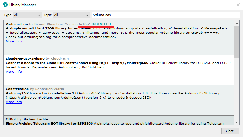 Install Arduino JSONLibrary