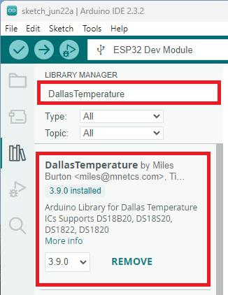 Install DallasTemperature Library Arduino IDE 2