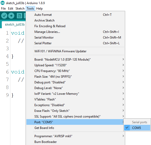 Install ESP8266 Board add-on in Arduino IDE select COM port